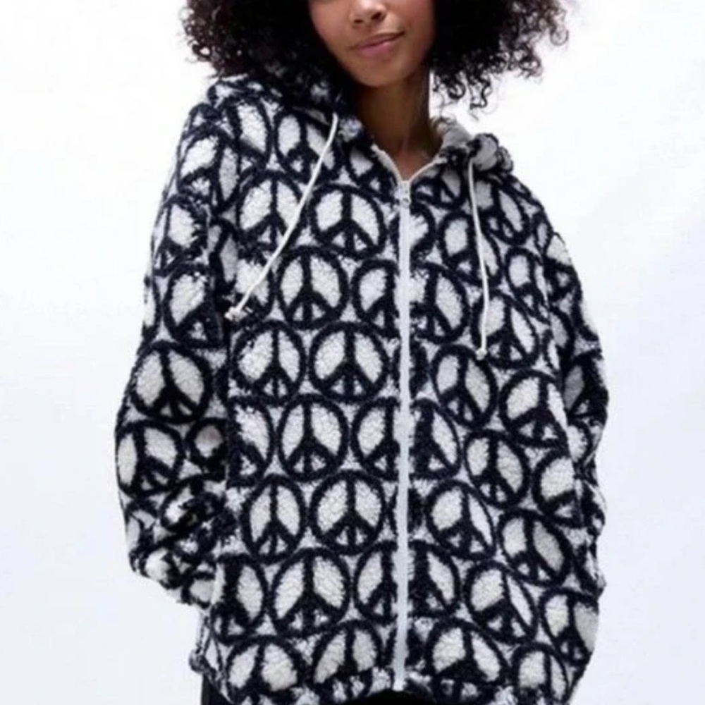 Black and White Peace Sign Sherpa Fleece Zip Up jacket